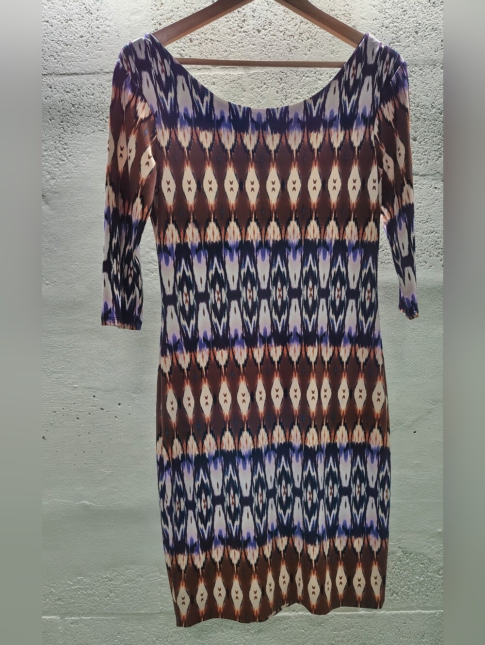 Saks Y2K Bohemian Abstract Tribal Print Stretchy Dress in Brown & Purple Sz M